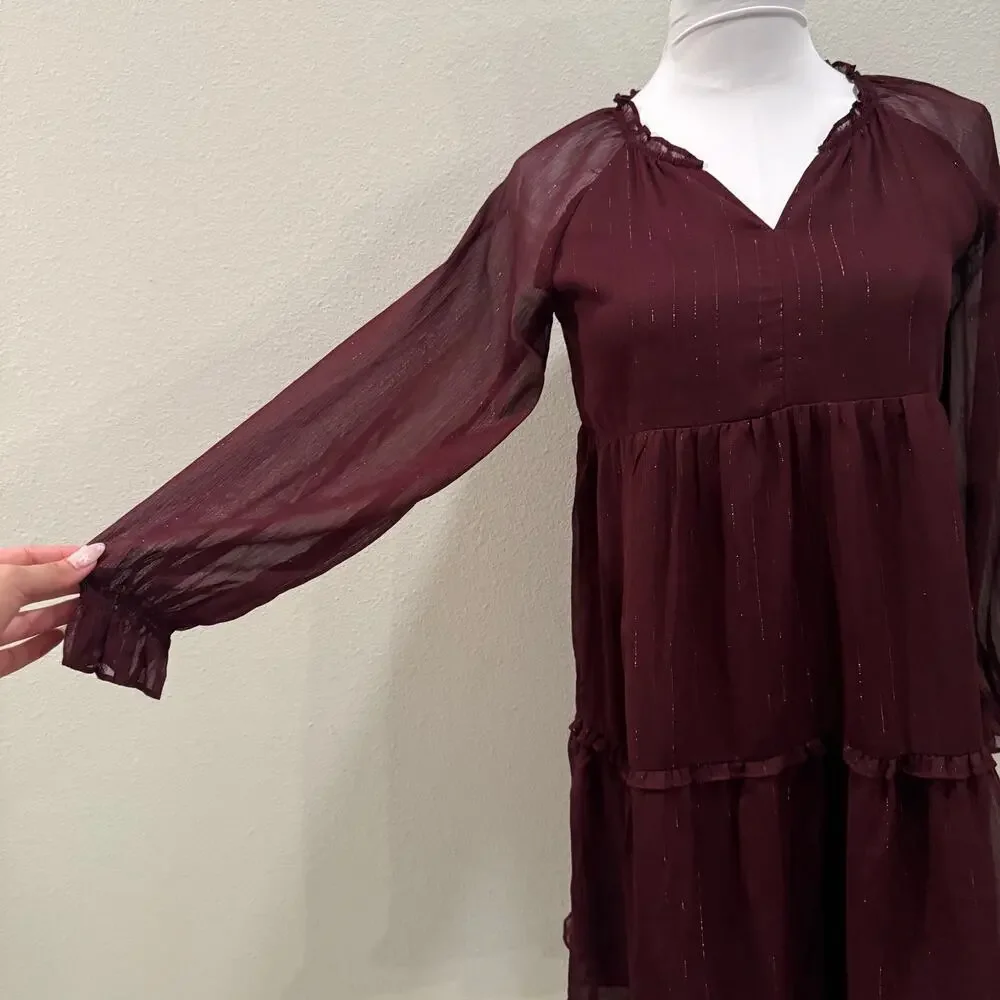 Old Navy Burgundy Long Sleeve Tiered Swing Dress Girls XL Boho Tiered Shimmer